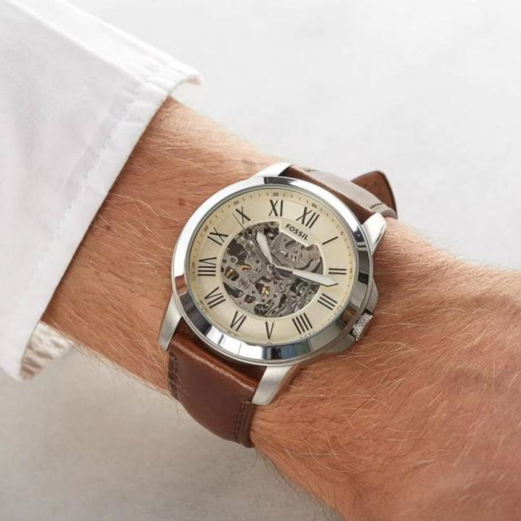 FOSSIL GRANT SILVER BROWN AUTOMATIC WATCH