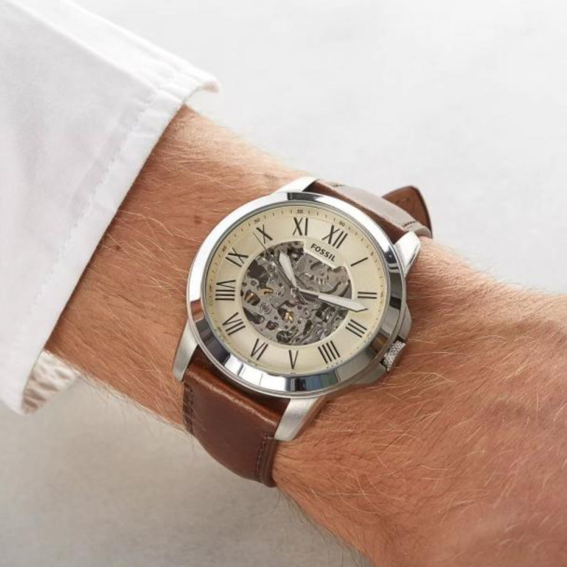 FOSSIL GRANT SILVER BROWN AUTOMATIC WATCH