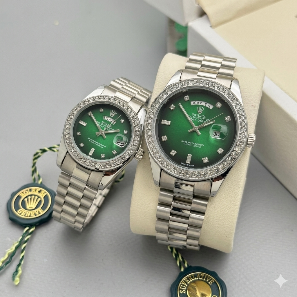 ROLEX DAY DATE SILVER GREEN (COUPLE WATCH)