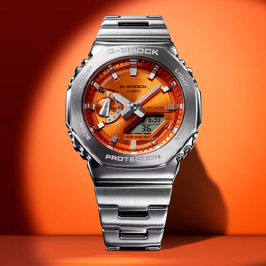 G-SHOCK GM-2110D-3AER METAL WATCH (SILVER ORANGE) WITH ORIGINAL METAL BOX