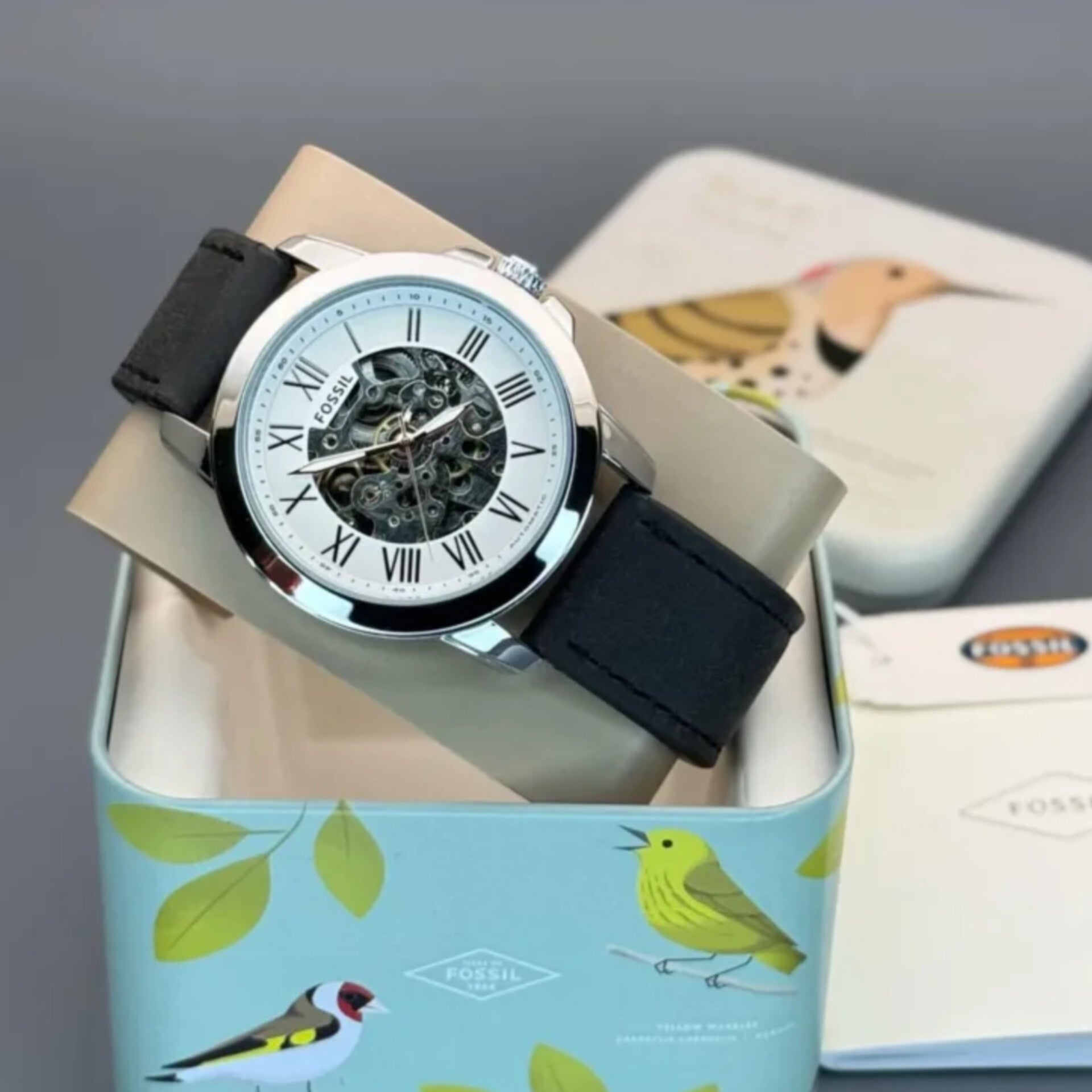 FOSSIL GRANT SILVER BLACK AUTOMATIC WATCH