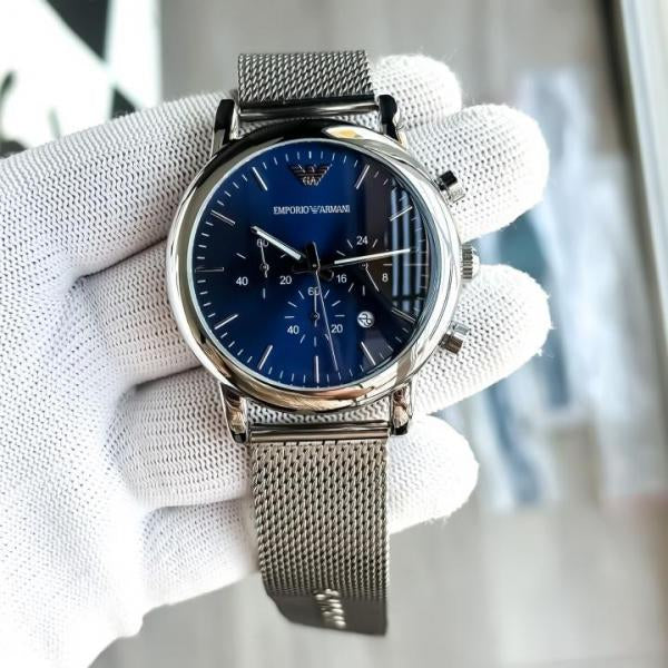 EMPORIO ARMANI LUIGI SILVER BLUE CHAIN BELT WATCH
