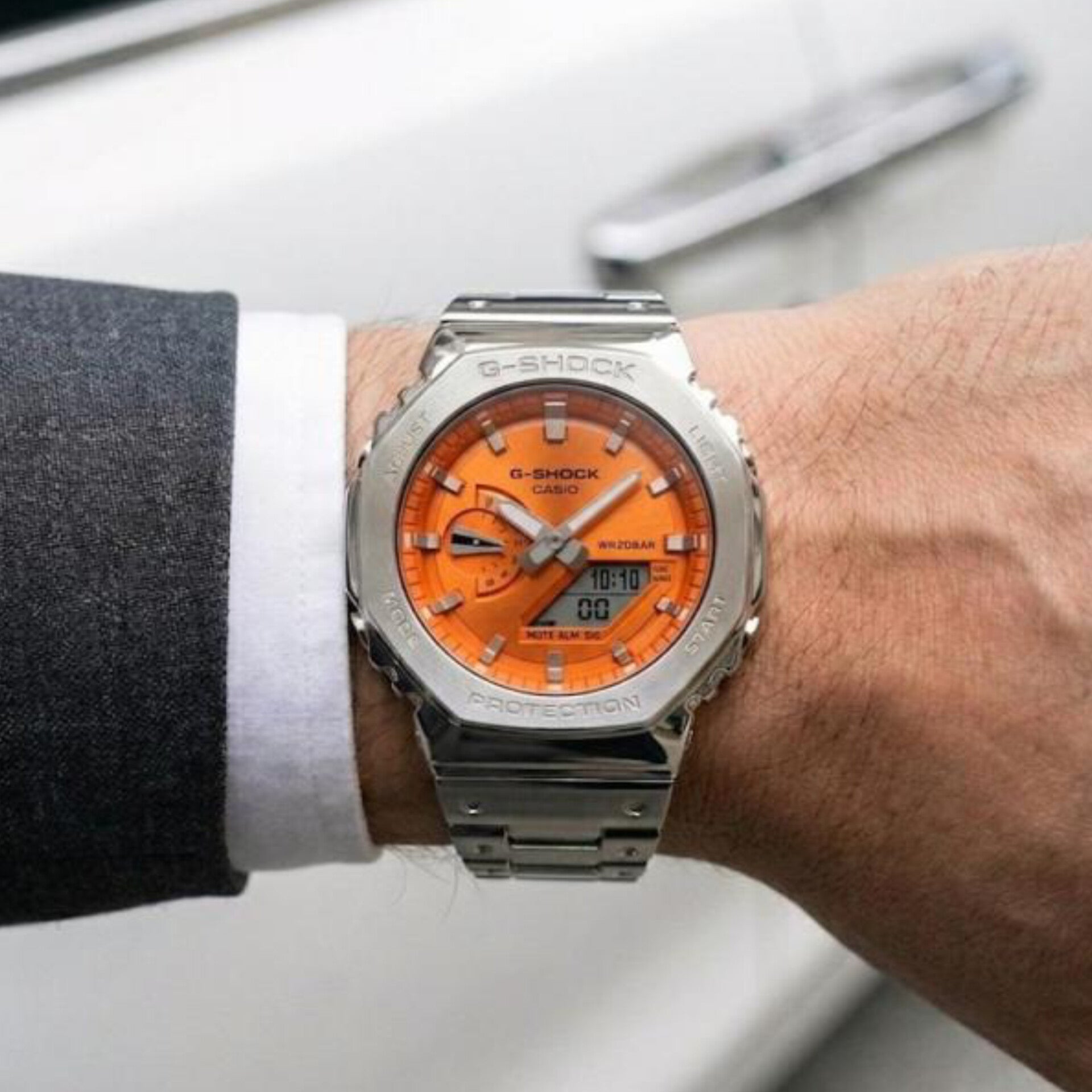 G-SHOCK GM-2110D-3AER METAL WATCH (SILVER ORANGE) WITH ORIGINAL METAL BOX